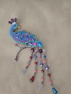Vintage Signed Avon Turquoise & Purple Peacock Big Brooch Pin  Dangling Beads
